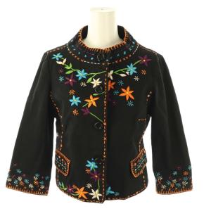 ノーカラージャケット 刺繍 黒 ブラック マルチカラー /CX OS