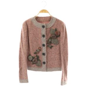 フラワーモチーフ ノーカラージャケット ウール ピンク /NR OS