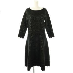 ニット バイカラーレースジャガードフレア ワンピース 長袖 ロング 38 黒 白 /NR OS
