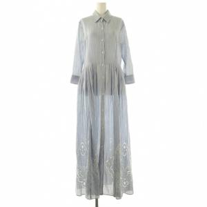 ストライプ刺繍シャツワンピース ロング リネン混 1 ブルー /HK OS SH