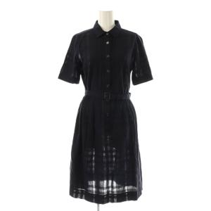 半袖 シャツワンピース 膝丈 リネン混 36 ネイビー /HK OS