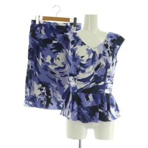 セットアップ上下 フレンチスリーブペプラムブラウス タイトスカート 総柄 サテン 38 ネイビー 紺 総柄