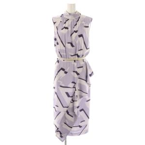 ジオメトリックプリント ワンピース ミディ丈 ひざ丈 ベルト付き 38 パープル /DF OS