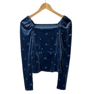 23AW エンブロイダリーフラワートップス 長袖 カットソー ベロア 花柄 ONEsize 青 ブルー