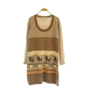 柄 ニットワンピース ミニ 長袖 Uネック ラメ M ベージュ /MY OS