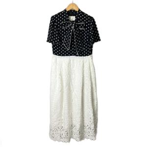 ドットレースボウタイワンピース 半袖 花柄レース フレア ロング丈 1 S 黒 白 ブラック ホワイト
