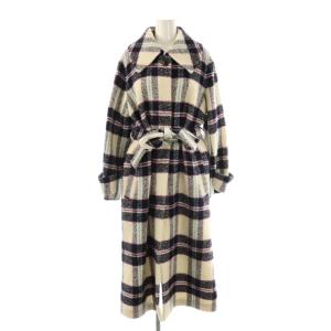 ケニーチェックコート アウター ロング ウール S アイボリー 紺 紫 /NR OS