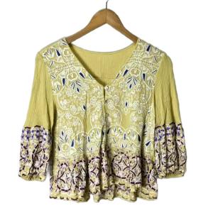 サークル刺繍トップ  7分袖 ブラウス 36 S 黄色 イエロー FY