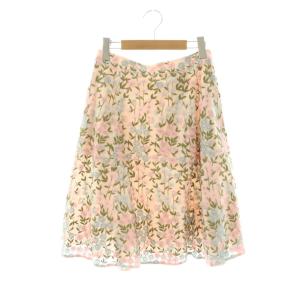 フラワー刺繍 フレアスカート ひざ丈 2 ピンクベージュ マルチカラー /DF OS