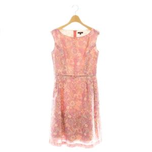 花柄刺繍 ワンピース ボートネック ノースリーブ 4 ピンク マルチカラー /CX OS