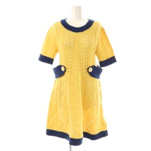 カラーブロック ニット ドレス ワンピース ひざ丈 XS イエロー ネイビー CG990 /DF OS