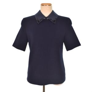 襟付き ニット カットソー 半袖 ビジュー 38 紺 ネイビー FY