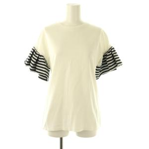 RUFFLED TEE 袖切替ラッフルTシャツ カットソー ボーダー 半袖 36 ホワイト /HK OS