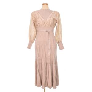 異素材 ドッキング フレア ロング スリーブ ニット ワンピース 長袖 S ベージュ FY