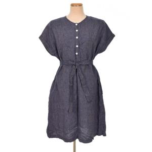 ストライプ ノーカラー ワンピース 半袖 ひざ丈 フレア S 紺 ネイビー FY