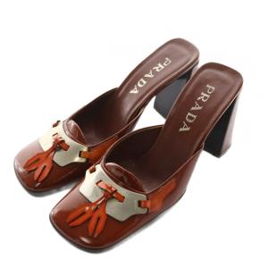 ミュール パンプス 36 ブラウン 茶 スクエアトゥ プレート エナメル /AQ OS