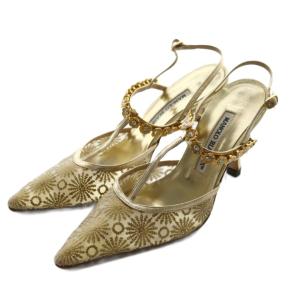 サンダル パンプス 34.5 ゴールドカラー 金色 花柄 ビジュー /AQ OS