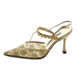 MANOLO BLAHNIK サンダル パンプス 34.5 ゴールドカラー 金色 花柄 ビジュー /AQ OS