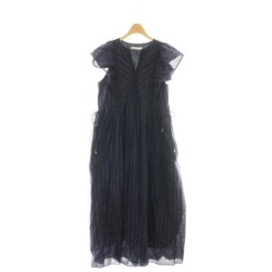 Cotton Lurex Stripe Frill Sleeve Dress ワンピース M ネイビー