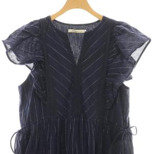 NE QUITTEZ PAS! Cotton Lurex Stripe Frill Sleeve Dress ワンピース M ネイビー