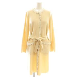 ツイードフリンジパイピングロングカーディガン リブニット カシミヤ混 ベルト付き 38 アイボリー /CX