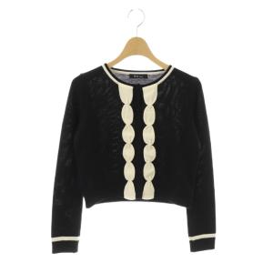ベーシック basic パールモチーフリボンデザインウールカーディガン クロップド 34 ブラック アイボリー