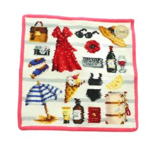 IENA別注 BON VOYAGE タオルハンカチ 総柄 ピンク 白 ホワイト マルチカラー /MI OS