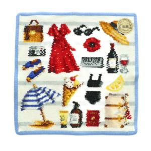 IENA別注 BON VOYAGE タオルハンカチ 総柄 ライトブルー 水色 ホワイト 白 マルチカラー