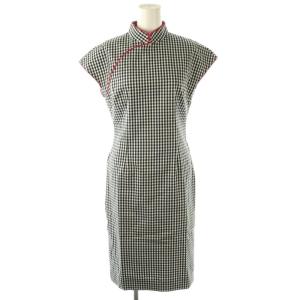 ギンガムチェック チャイナ ワンピース ひざ丈 36 ダークネイビー ホワイト /DF OS