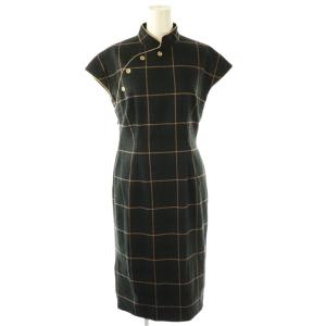 チェック チャイナ ワンピース ひざ丈 38 ブラック グリーン /DF OS
