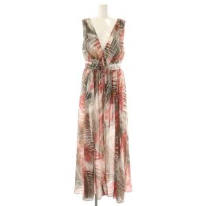 ボタニカル柄 ノースリーブ ワンピース ロング 38 グレー レッド /HK OS