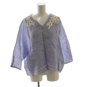 ブラウス 麻 リネン F 青 ブルー 白 ホワイト テープ刺繍 花柄刺繍  /AG OS SH