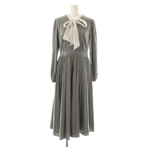 23AW プリーツデザインボウタイワンピース 長袖 ロング 38 グレー /NR OS