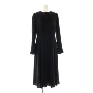 リボンタイ付きプリーツワンピース ロング 36 ネイビー /DF OS