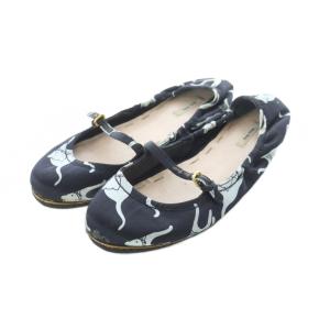 パンプス ストラップ フラットシューズ ラウンドトゥ 24cm 黒 ブラック 猫柄 /RI OS