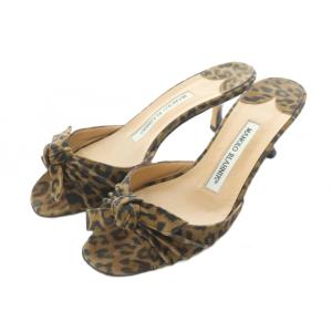 ミュール サンダル レオパード柄 35 22.5cm 茶色 ブラウン 黒 ブラックスエード  /RI OS