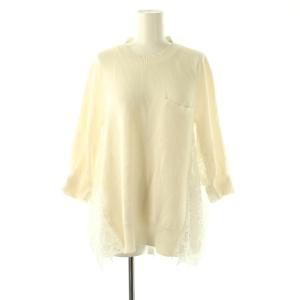 Embroidery Lace Knit Pullove ニット 切替 レース 七分袖 2 ホワイト /HK