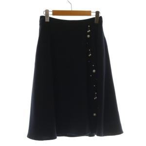 フレアスカート 36 紺 ネイビー ビジュー  サイドパール装飾 無地 ミディ丈 /AG OS