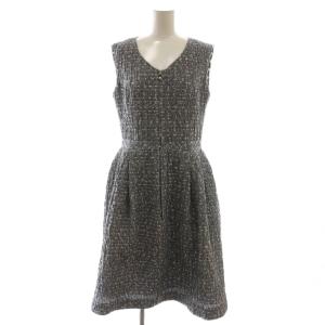 ワンピース 36 マルチカラー グレー 白 ホワイト 青 ブルー 袖パール ノースリーブ Vネック 織り柄