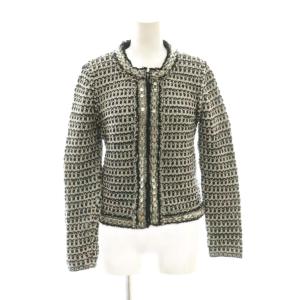 ツイード ニットジャケット XS/TP 白 ホワイト 黒 ブラック 織り柄 ノーカラー 長袖 /AG OS