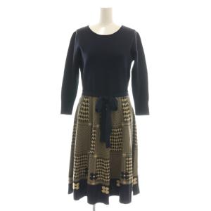 CheckxFlower Knit One-piece ワンピース ベルト付き 38 ネイビー ベージュ