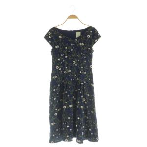 フレンチスリーブワンピース ロング 半袖 刺繍 M ネイビー /MY OS