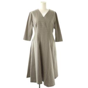 ツイストカシュクールワンピース ロング 七分袖 36 ベージュ ブラック /HK OS