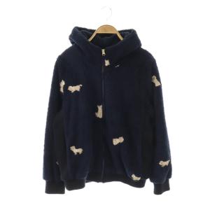 猫刺繍 ボア ジップアップパーカー 長袖 M ネイビー /HK OS