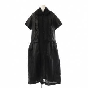 TH-O025 AD2011 サテン シャツ ワンピース ロング 半袖 M ブラック /HK OS