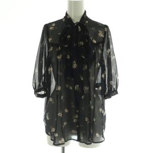 花柄 ボウタイブラウス 五分袖 シースルー リボン M 黒 ブラック /RM OS