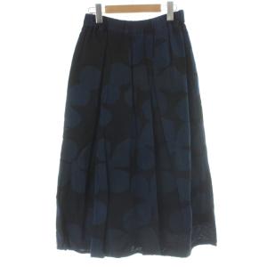 イージースカート クローバー柄 ギャザー フレア ロング スカート M 黒 ブラック 紺 ネイビー /AB