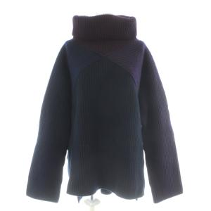 ニット セーター ウール カシミヤ混 M 紺 ネイビー タートルネック 長袖 V字切り替え /AB OS