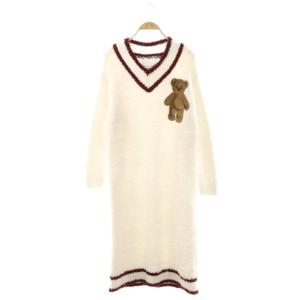 ワッペン長袖ワンピース F ホワイト ボルドー /DO OS