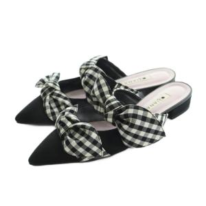 ミュール ポインテッドトゥ ギンガムチェック柄 リボン L 24.0-24.5cm 黒 白 /MI OS